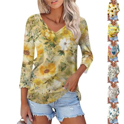 Women's Fashion Casual V Neck 3/4 Sleeve Loose  Printed T-Shirt Ladies Top