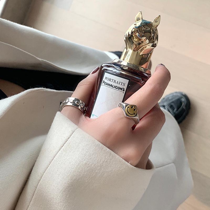 S925 Silver Vintage Smile Face Ring For Women Stylish And Minimalist Adjustable Band