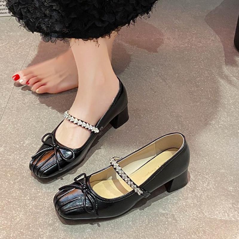

Fashion French Retro Mary Jane Shoes Woman Beige Elegant Woman Heeled Shoes Comfort Versatile Bowknot Single Shoes Women Chaussure Femme 35 чёрный