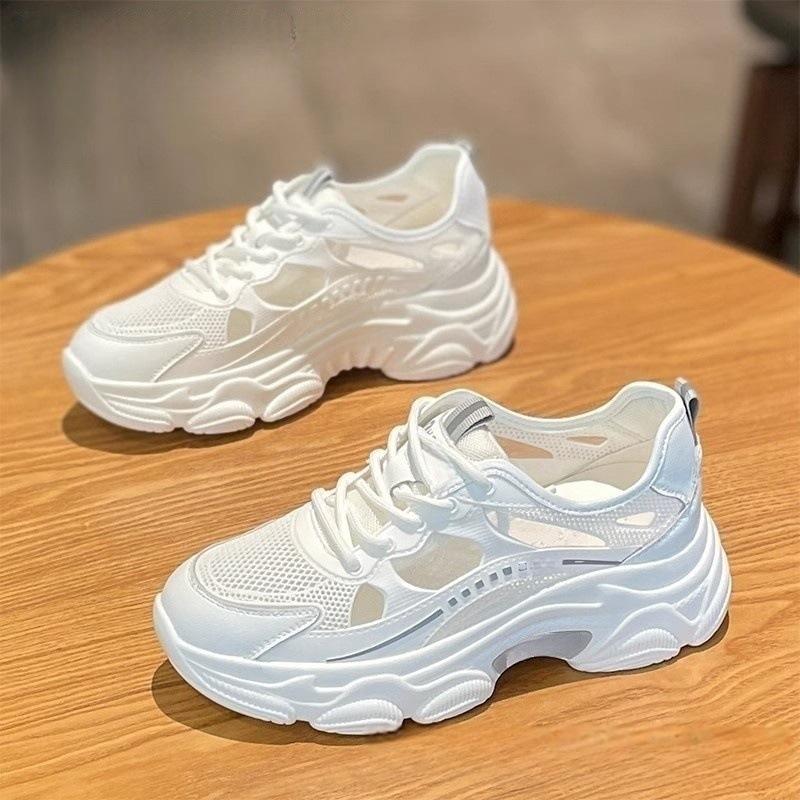 Mesh shoes breathable 2026 new summer women's shoes thick soled hollow dad shoes casual white sports shoes