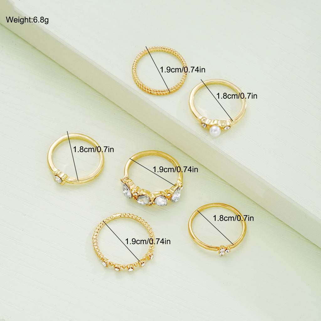 6Pcs Boho Gold Color Crystal Imitation Pearl Rings for Women Geometric Narrow Face Finger Rings Sets Fashion Daily Wear Jewelry
