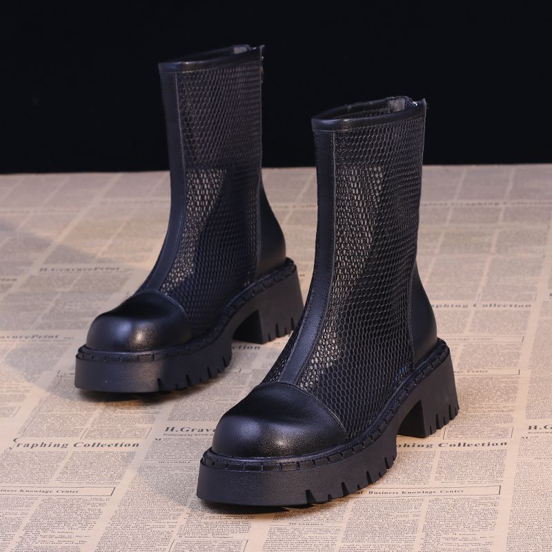 Short boots women's spring thick heel mesh breathable Martin boots hollow thick bottom gauze mesh cool boots
