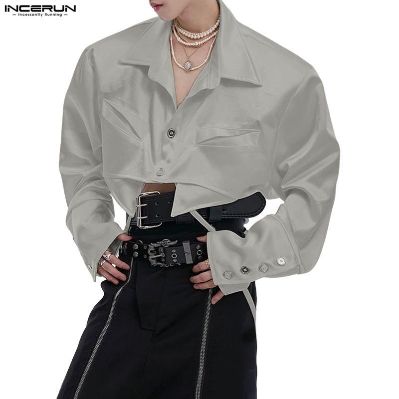 INCERUN Men Lapel Neck Long Sleeve Lace-up Cropped Short Shirts