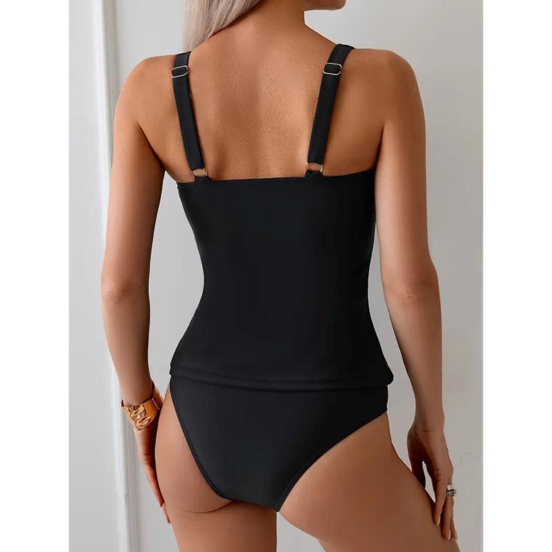 Modest Two-Piece Swimsuit for Women Tummy Control Slimming Swimsuit with Ruffled Neckline and Straps Summer Beach Swimwear