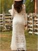 Retro White Lace V-Neck Long Sleeve Tassel High-Low Skirt