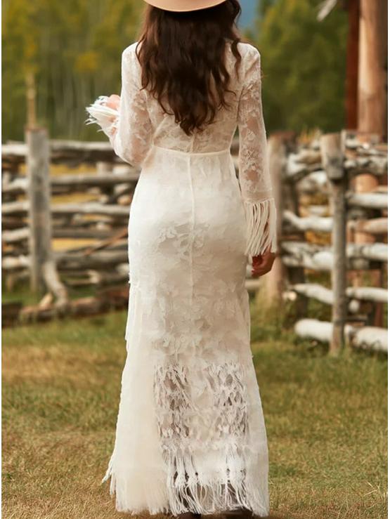 Retro White Lace V-Neck Long Sleeve Tassel High-Low Skirt