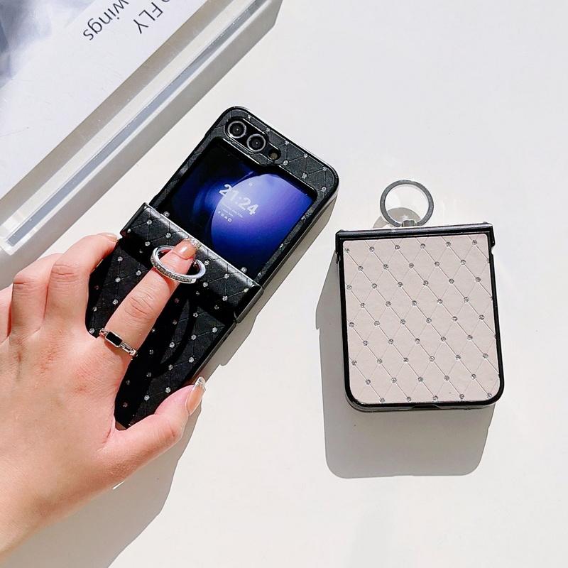 Luxury Leather 3pcs Folding Case For Samsung Galaxy Z Flip6 Flip5 Flip4 Flip3 Diamond Shockproof PC Ring Holder 3pcs Folding Cover