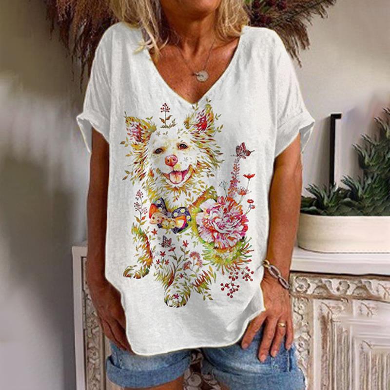 Women's Casual T-shirt Top New V-neck T-shirt Loose Short Sleeved 3D Digital Printed Cat Pattern T-shirt