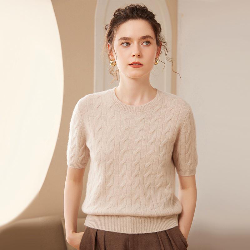 Women's Yellow Cable Knit Cashmere Short-Sleeve Sweater - Autumn/Winter Round Neck Pullover