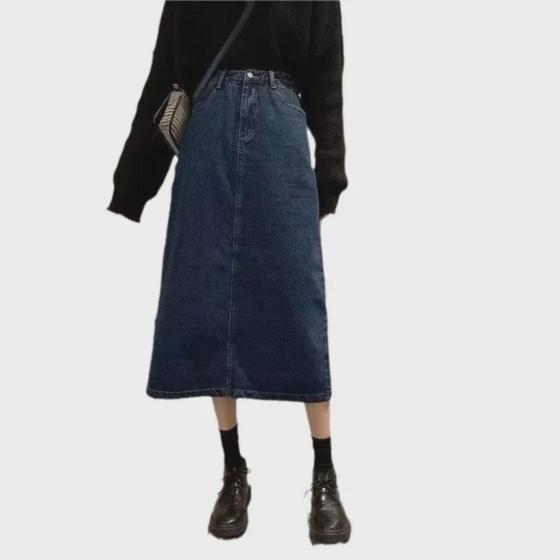 2023 New Women's High Waist A-Line Denim Skirt - Mid-Length, Retro Korean Winter Style