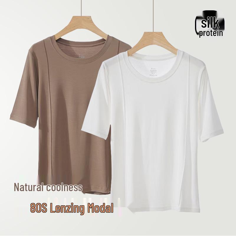 

Women s 80S Double-Sided Modal Antibacterial Slim-Fit Short-Sleeve T-Shirt - Silk Protein Solid Color Innerwear Base Layer in White M [Recommended 80-100 lbs]