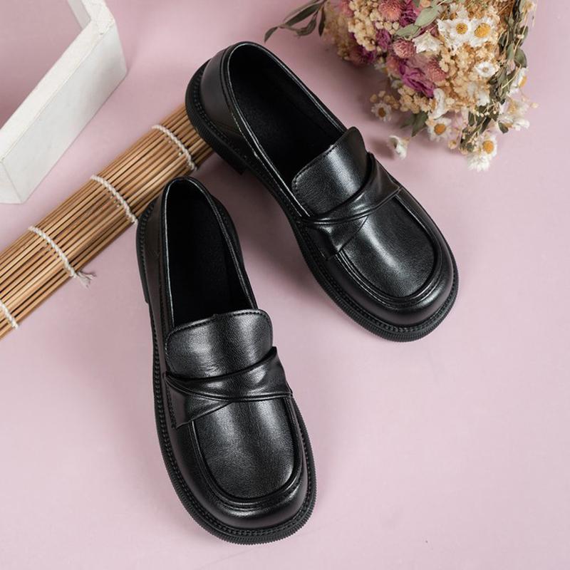 Britischer Stil Schwarz Niedrige Absätze Arbeitsschuhe Damen Lässige Abgerundete Flache Pumps für Frauen Büro PU Leder Ballerinas Schuhe Frau