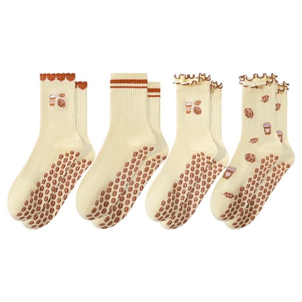 Pumpkin Embroidery Pilates Socks Non-Slip Cuffed Mid Tube Socks Professional Floor Socks for Women
