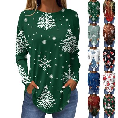 T-Shirts für Damen, Herbst, lässig, langärmelig, Sweatshirt mit Retro-Druck, Weihnachtsfeier, Top, Pullover