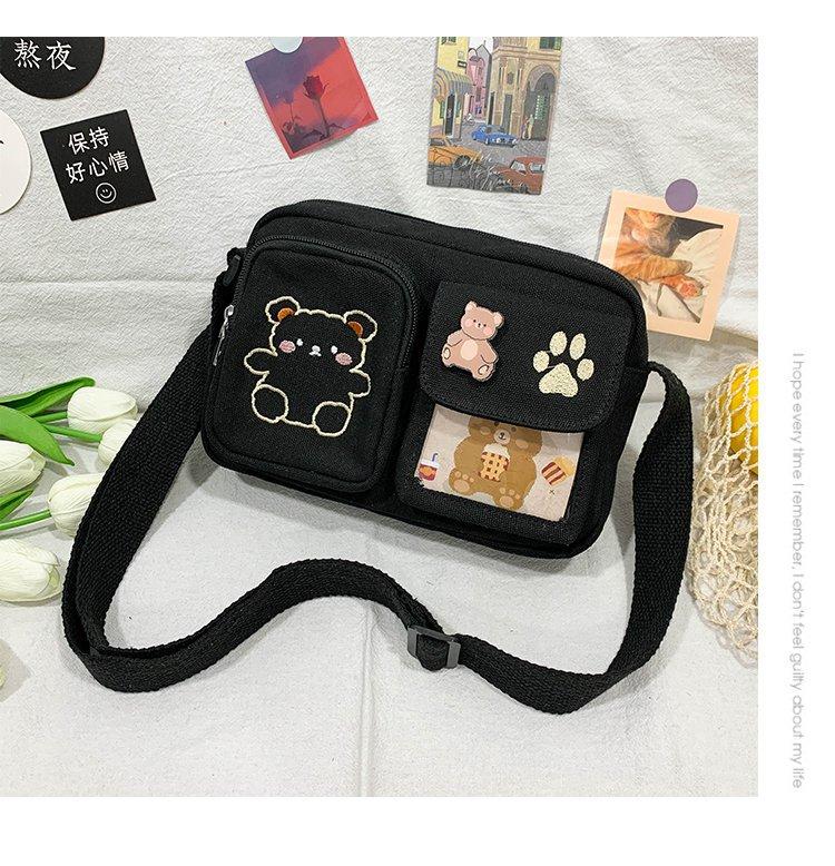 New Japanese soft girl cute small bag vintage girl student bag embroidered bear canvas bag female messenger bag