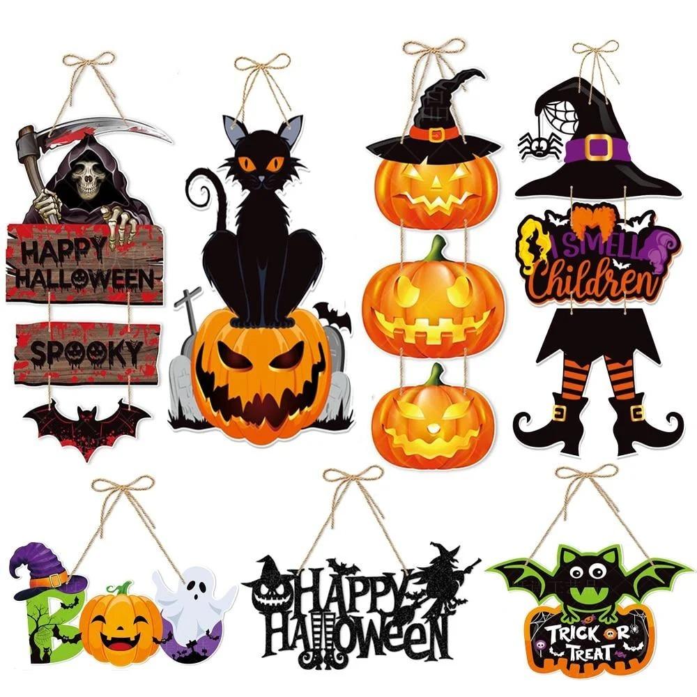 Halloween Hanging Door Sign Pumpkin Door Hanger Rustic Spooky Happy Halloween Wall Plaque for Indoor Outdoor Party Decoration