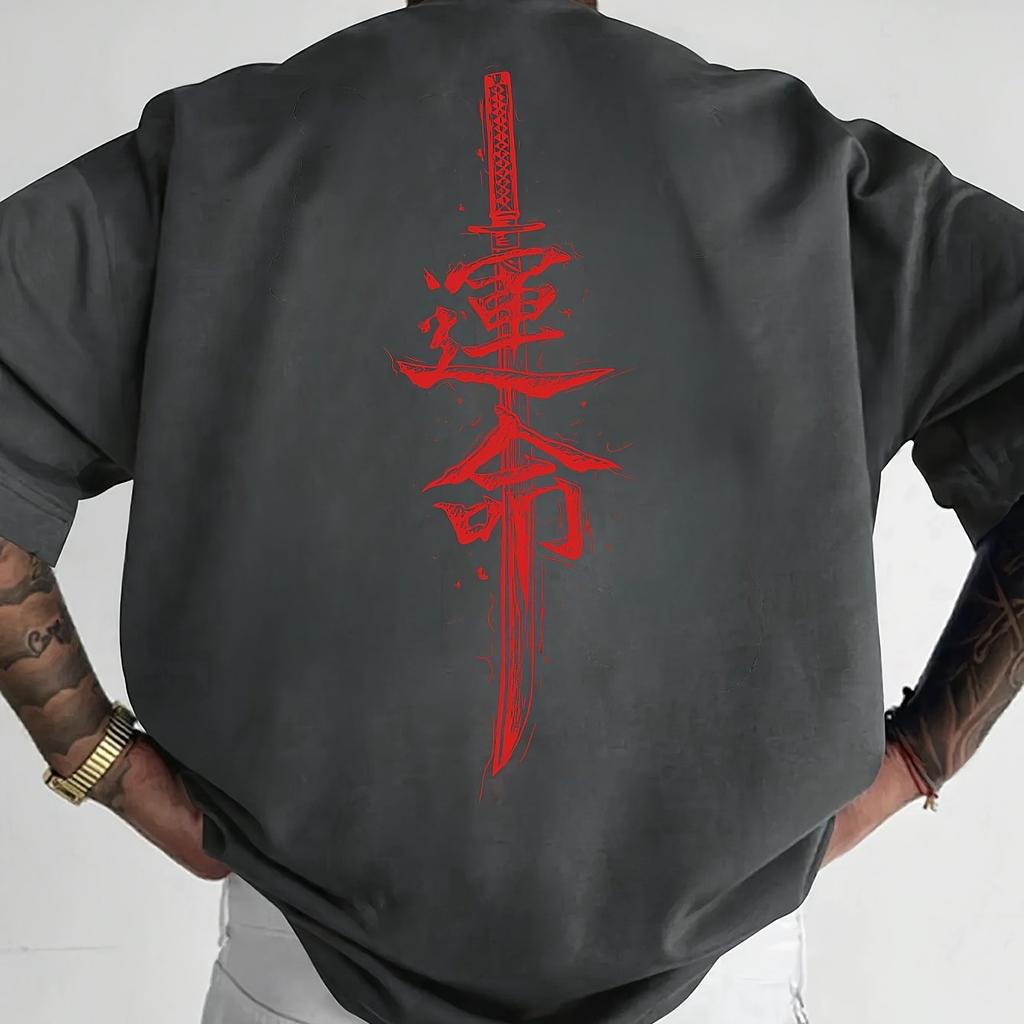 Mens Short Sleeved Tshirt with Japanese Samurai Sword Pattern Fashionable and Casual Round Neck Top for Spring and Summer
