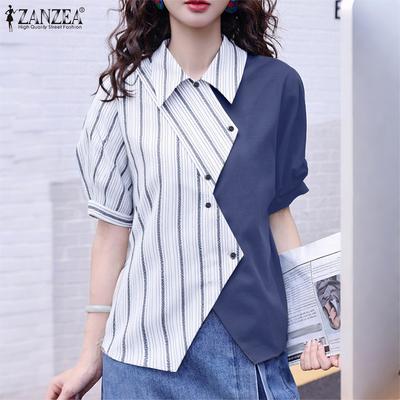 Women Casual Turn Down Collar Summer Short Sleeve Stripe Blouse