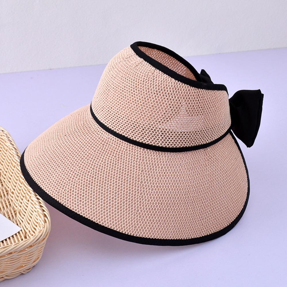 Straw Plaited Woven Empty Top Cap Bow Hollow Straw Hat Retro Wide Brim Bucket Hat  Summer