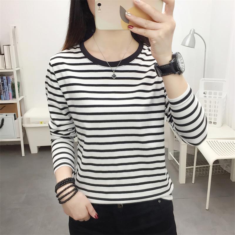 Women's Plus Size Striped Long Sleeve Cotton T-Shirt - Autumn Collection for Middle-Aged Moms