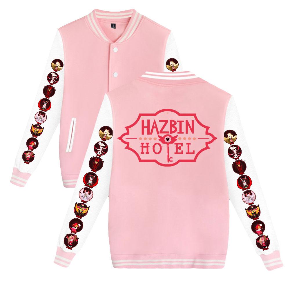 

Women Men s Jackets Hazbin Hotel Baseball Jacket Oversize Hip Hop Outerwear for College Couples Clothing Costume XXS рожевий