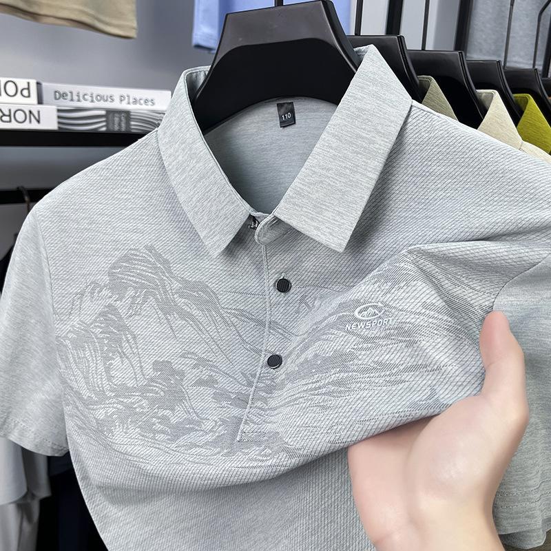 Men'S Lapel Short Sleeve T-Shirt Polo Casual Landscape Print Thin Breathable Men'S T-Shirt