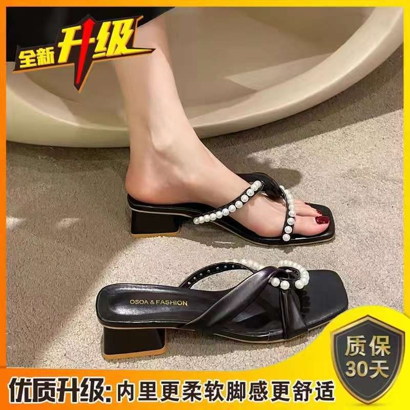 Thick-heeled slippers women's summer outer wear 2025 new models with skirts, high heels, pearl sandals, fairy style French sandals