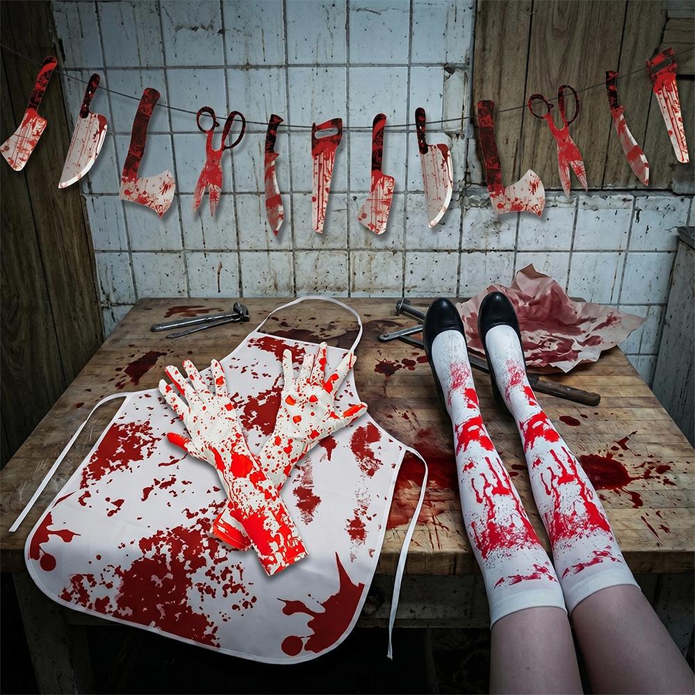 Halloween Bloody Decorate Banner Fake Blood Apron Gloves Socks Set Haunted House Zombie Cosplay Costume Party Decor Props Suppli