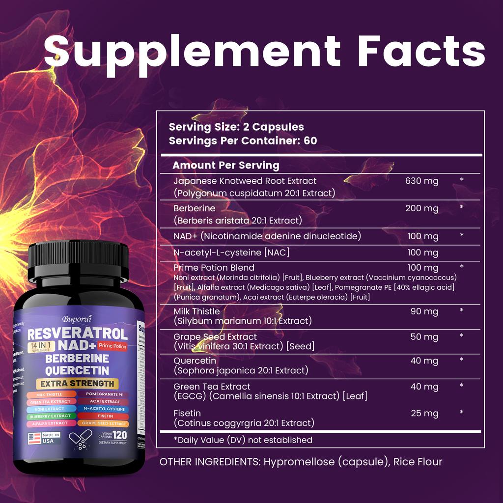 Buporai Resveratrol Supplement, containing milk thistle, berberine, green tea, blueberry, and grape seed extract, suitable for adults.