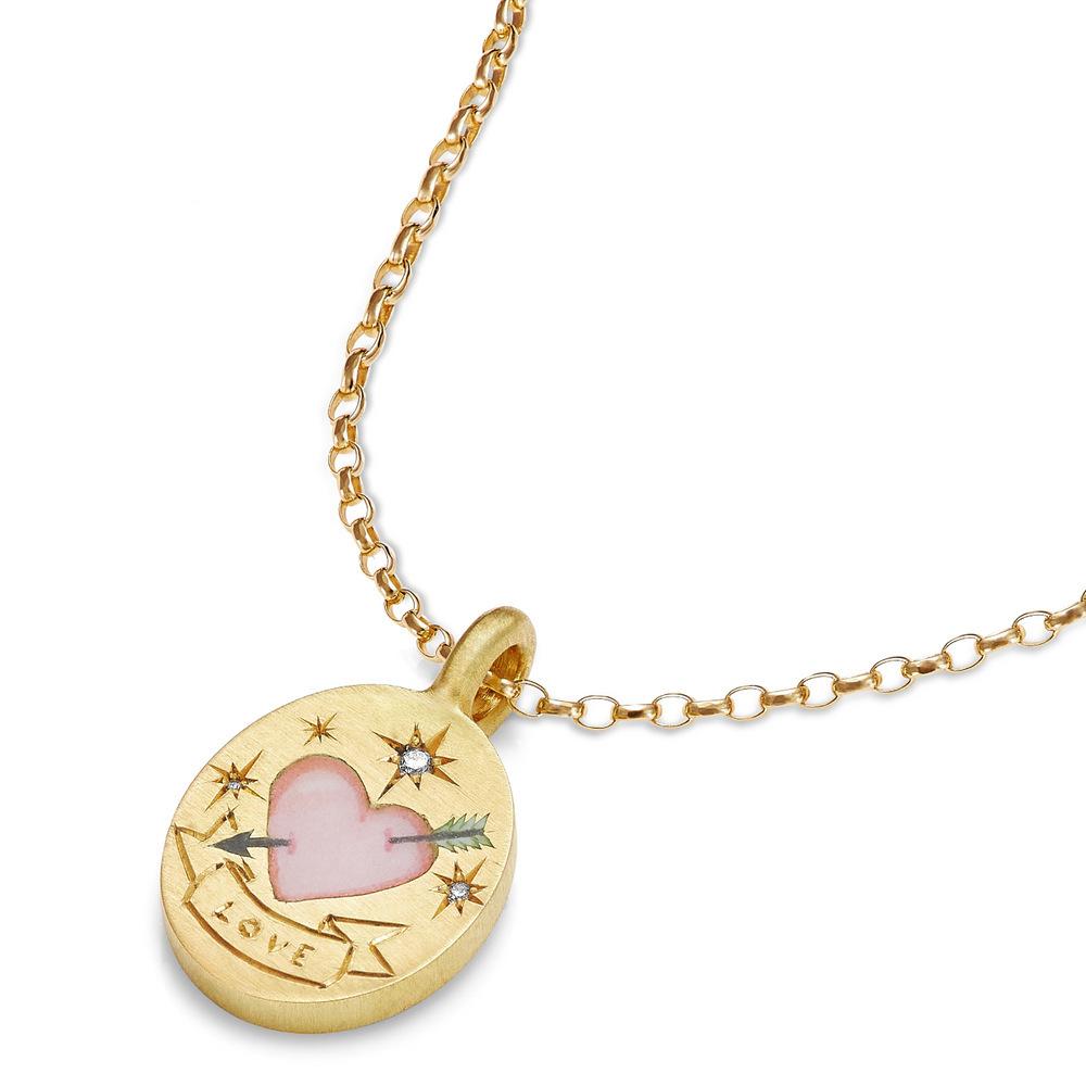 A pendant necklace made of hand-painted stainless steel, featuring a flower and heart-shaped pendant, paired with a sweater chain.