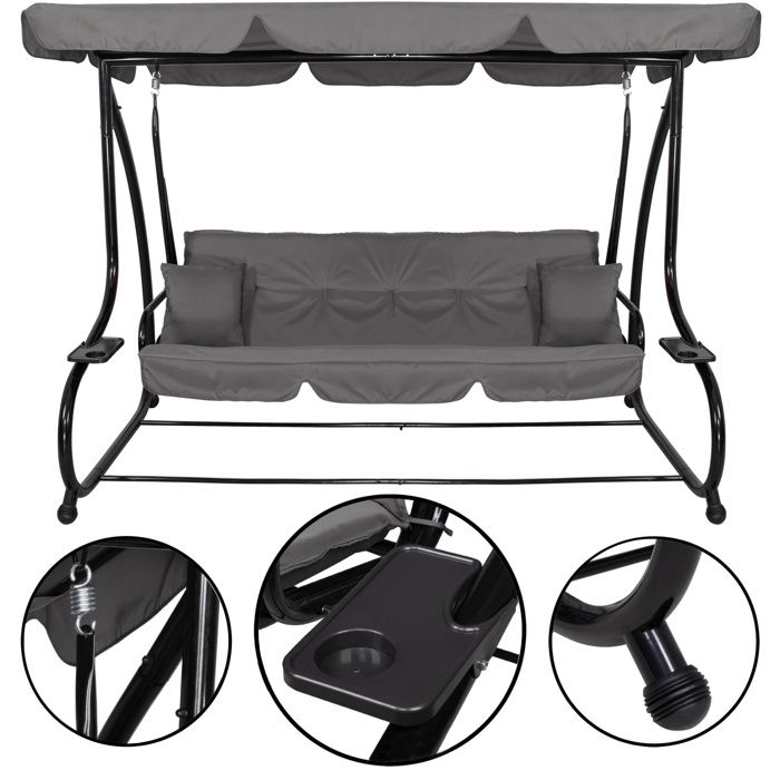 Balancelle de jardin - Springos - 4 places - Noir - Toit inclinable - Avec coussins et porte-gobelets