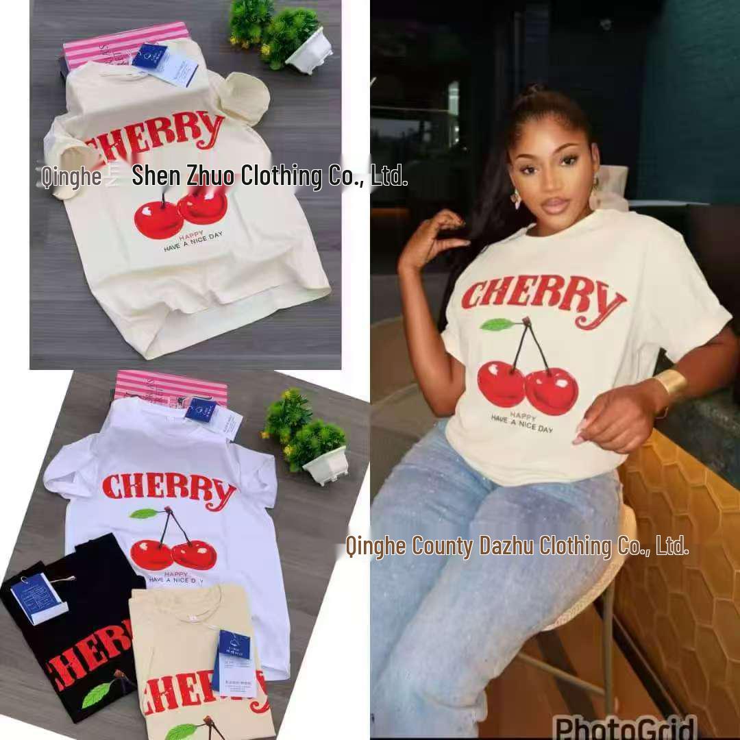 230g Women s Loose Cherry Print Cotton T-shirt – Trendy Summer Bestseller XXXXXL