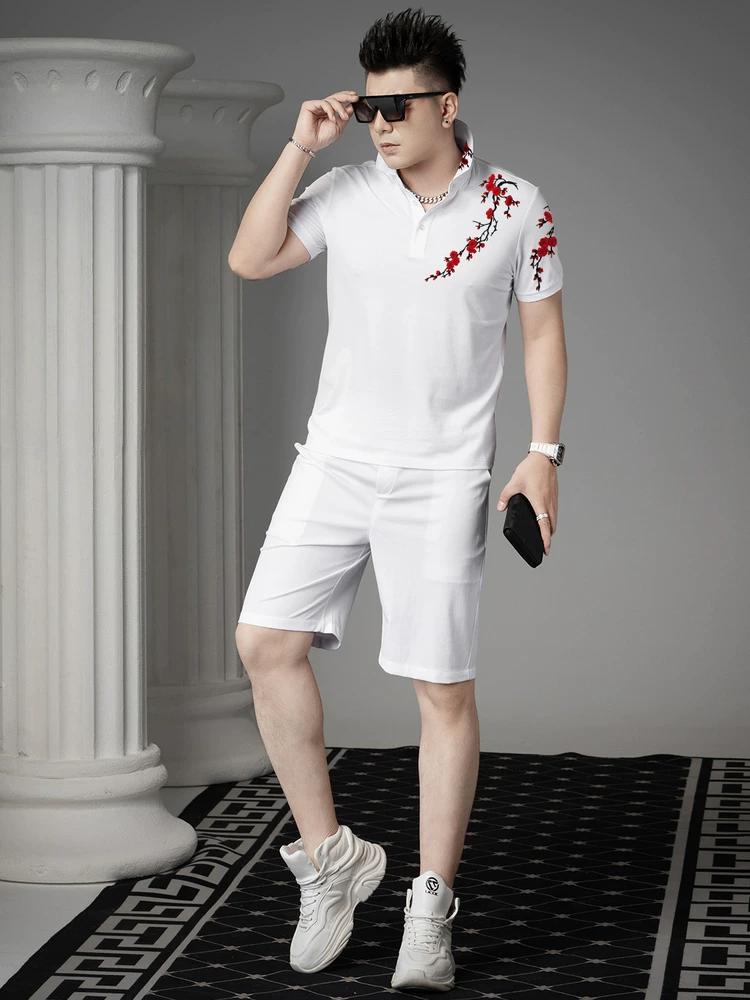Guochao 2025 New Style Plum Blossom Embroidered Lapel Polo Shirt for Men, Summer Business Casual Short-Sleeve T-Shirt Men's Top