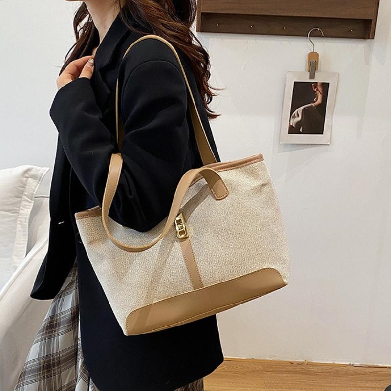 Minimalist Large Capacity Canvas Tote Bag with Brown Faux Leather Gold Turn Lock Detail Spacious Shoulder Purse for Daily Use