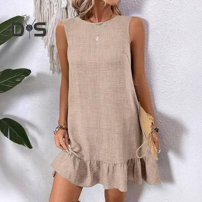 Summer Sundress Ruffle Hem Loose Sleeveless Round Neck Solid Color A-line Mini Dress for Beach Datings Vacation