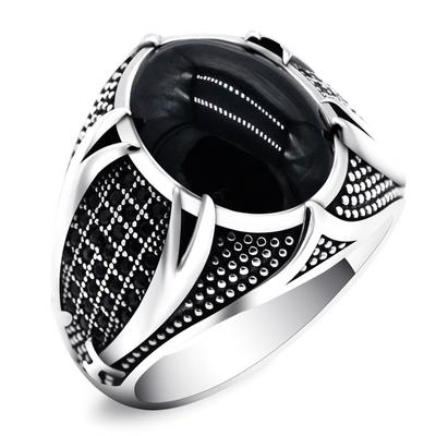 Retro Handmade Islamic Ring For Men Vintage Turkish Double Swords Black Cz Stone Ring Punk Trendy Religious Muslim Jewelry