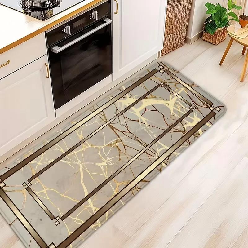 VIKAMA Marble Pattern Hallway Rug, Modern Gold Texture Rug, Non-Slip Kitchen & Entryway Mat, Breathable Indoor Rug