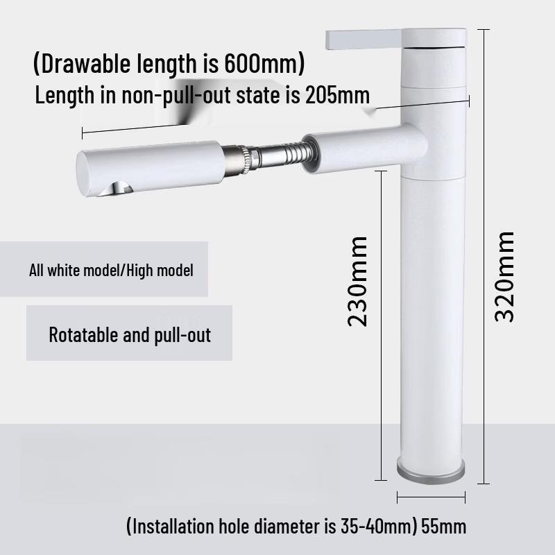 TLXT White Pull-Out Bathroom Basin Faucet