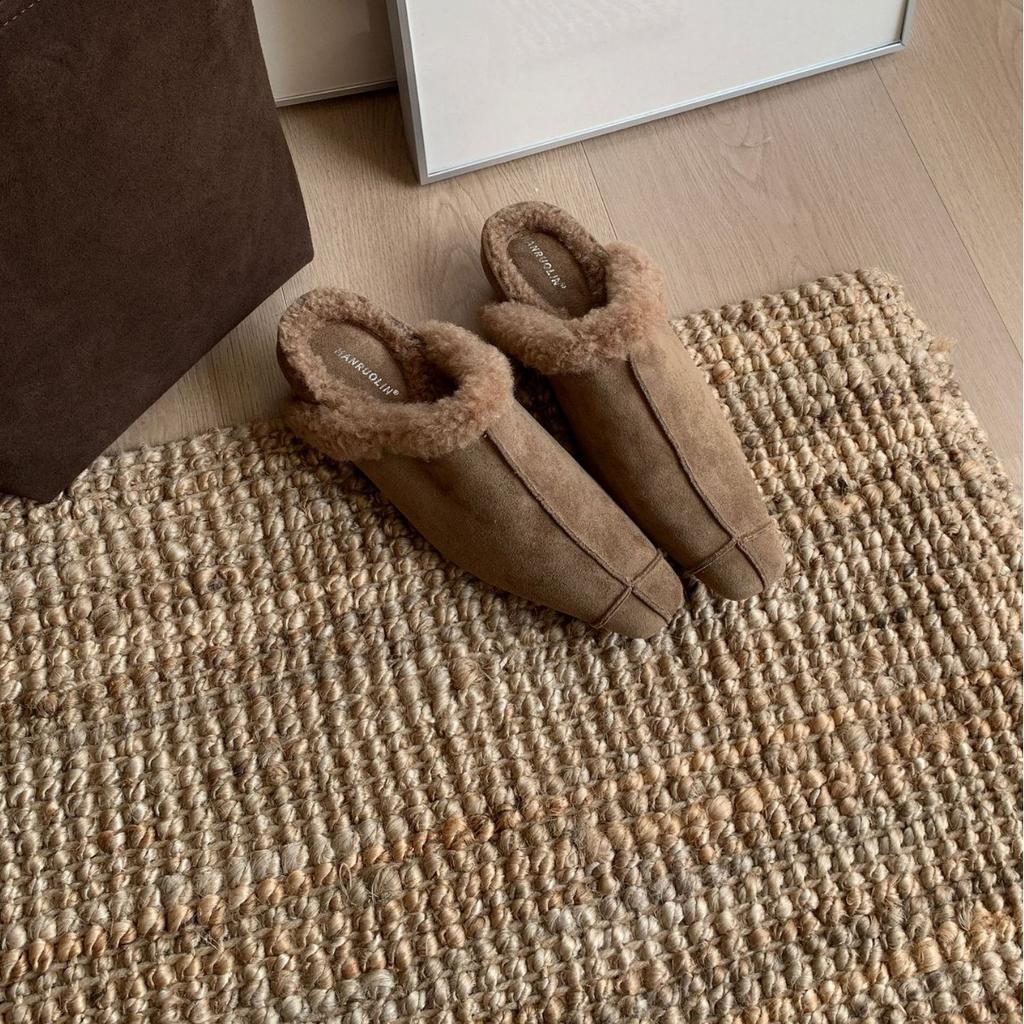 2025 Autumn and Winter New Square Head Thick-soled Outer Wear Half-drag Hairy Lazy Women Warm Trendy Shoes