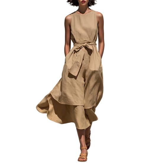 Women s Summer Sleeveless Beach Sundress, Crew Neck Casual Flowy A-line Long Dress, Tie Waist Loose Tank Dress M