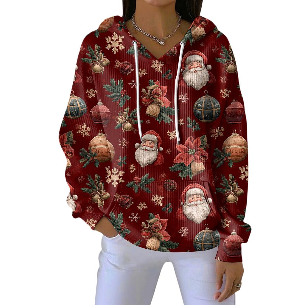 Women's Loose Comfortable Casual Fashion V-Neck Christmas Print Long Sleeve Hoodie