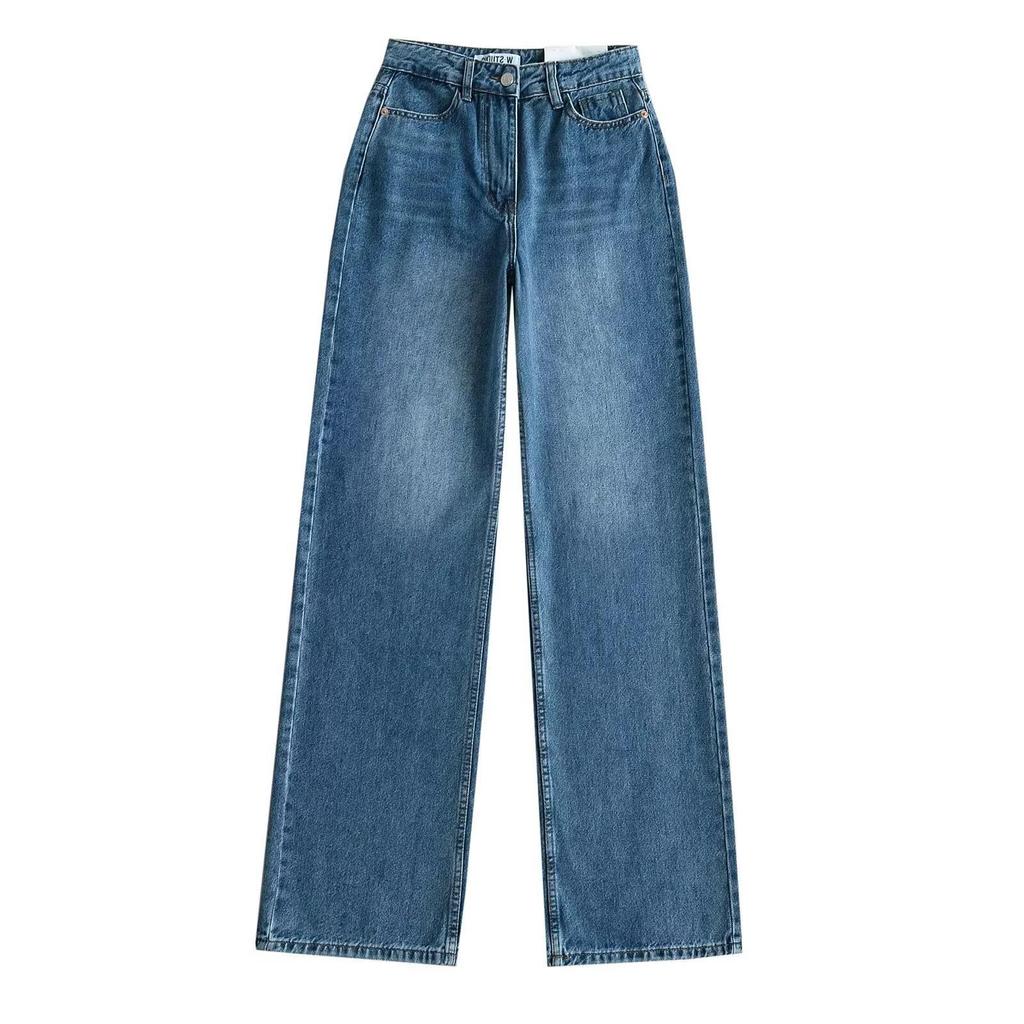 Women's Retro High-Waisted Wide-Leg Denim Pants - Washed, Loose, Floor-Length, Casual Designer Style