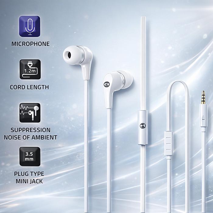 Qoltec Słuchawki dokanałowe z mikrofonem | Białe | Płaski kabel 1.2m