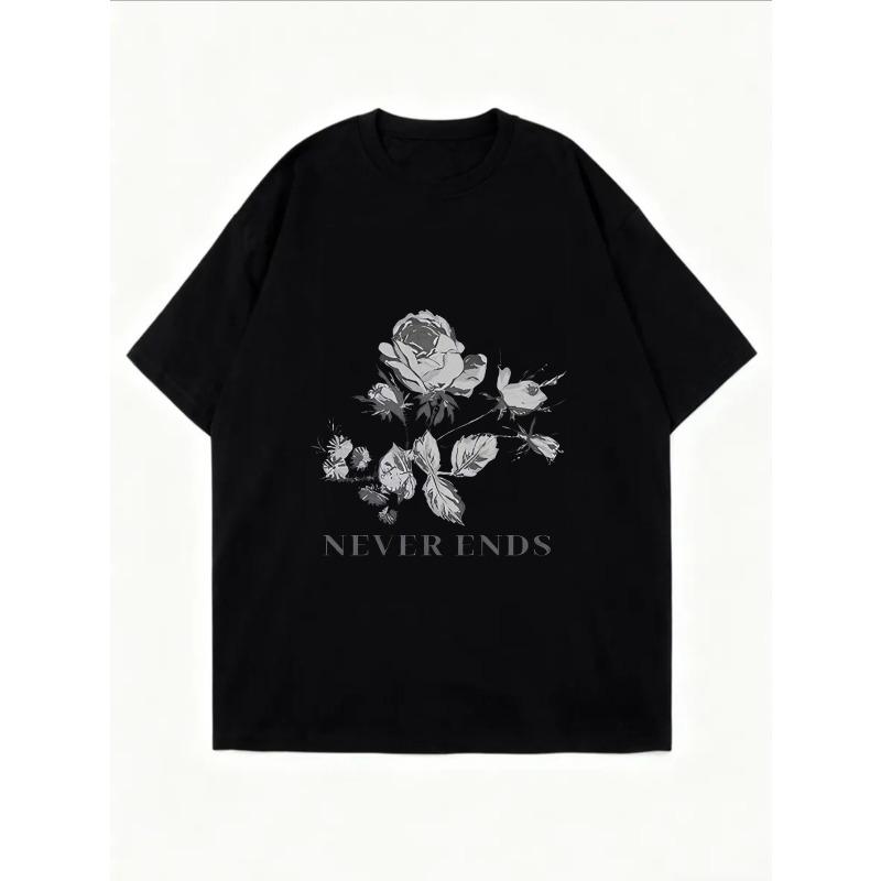Vit överdimensionerad t-shirt med blommigt rostryck och texten 'Never Ends' för vardagsbruk