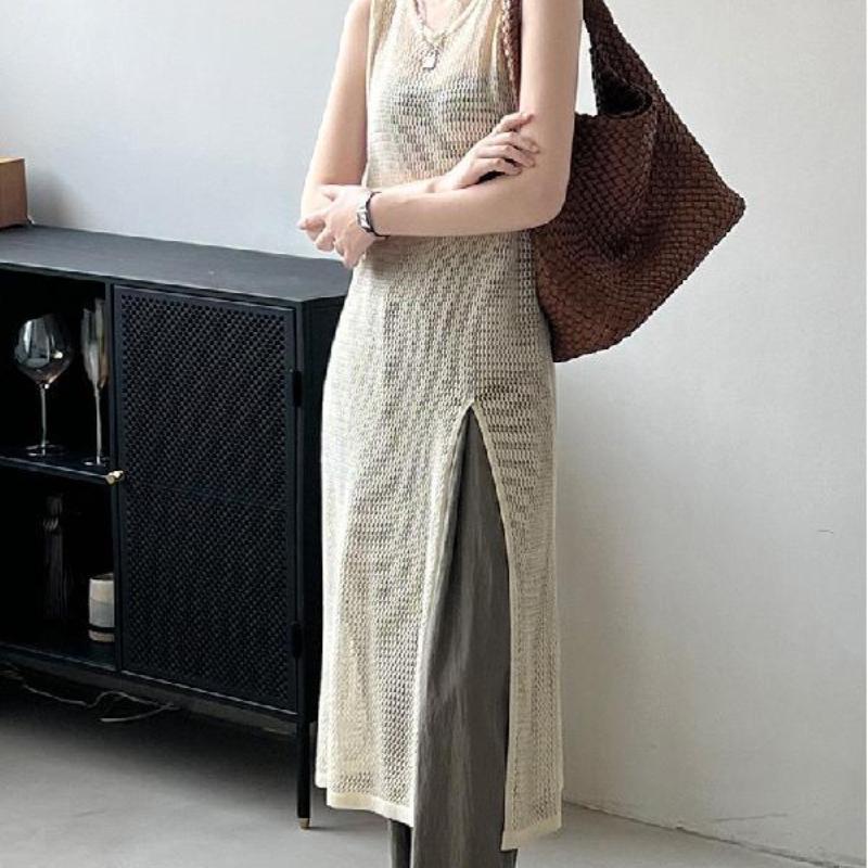 Outward Hollow Top Vest Skirt Women's Summer Slit Sleeveless Dress Mid Length Knitted Top