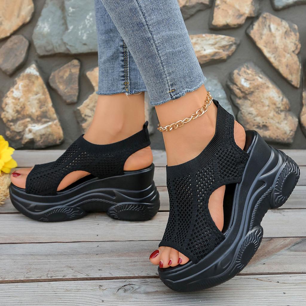 Sweat Sandals Women'S New Platform Open Toe Mesh Shoes Fashionable And Casual Hollow Out Wedge Shoe For Woman Wedge Sandal