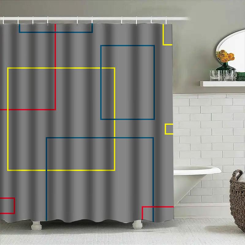 Contemporary Geometric Design Shower Curtain Waterproof Fabric For Bathroom Decor In Gray With Red And Blue Accents (72 X 84 Inc