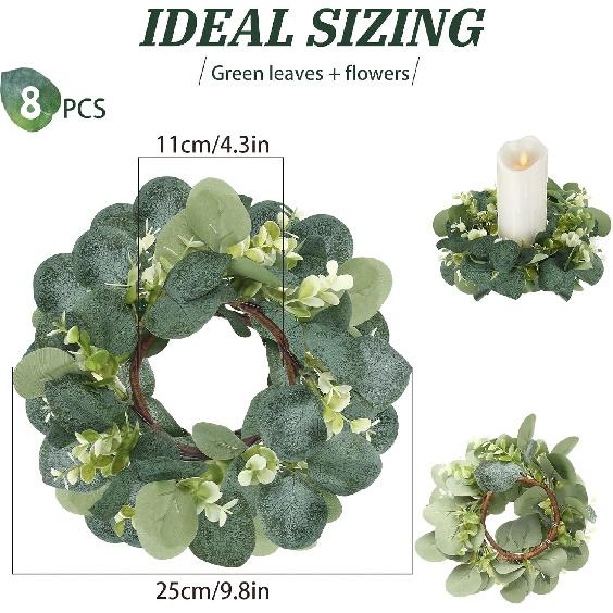 8 Pcs Candle Rings Artificial Eucalyptus Leaves Wreaths Candle Rings Wreaths Greenery Wreath Candle Rings for Pillars Boho Wreath Pillar