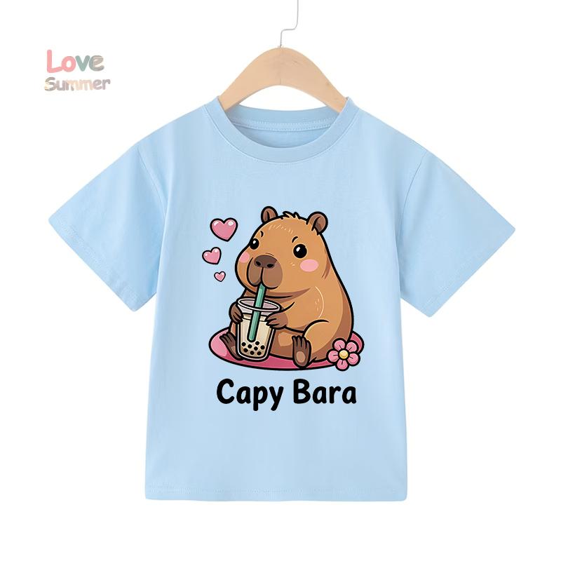 2026 Summer 4-14 Yrs Girls Casual Short-Sleeve T-Shirt Cute Capybara Design Comfortable Fabric for Everyday Outdoor Activities