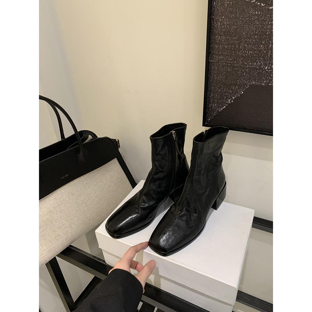 Seconds hair~ Grape mother, Korean square head washed horse skin thin short boots thick heel thick sole small ankle boots women's autumn and winter